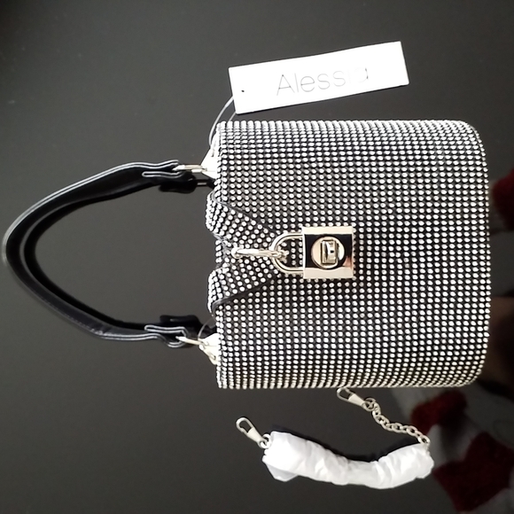 Alessia Rhinestone Bucket Bag Purse. NEW. Black w/ rhinestones, silver hardware. - Picture 2 of 16